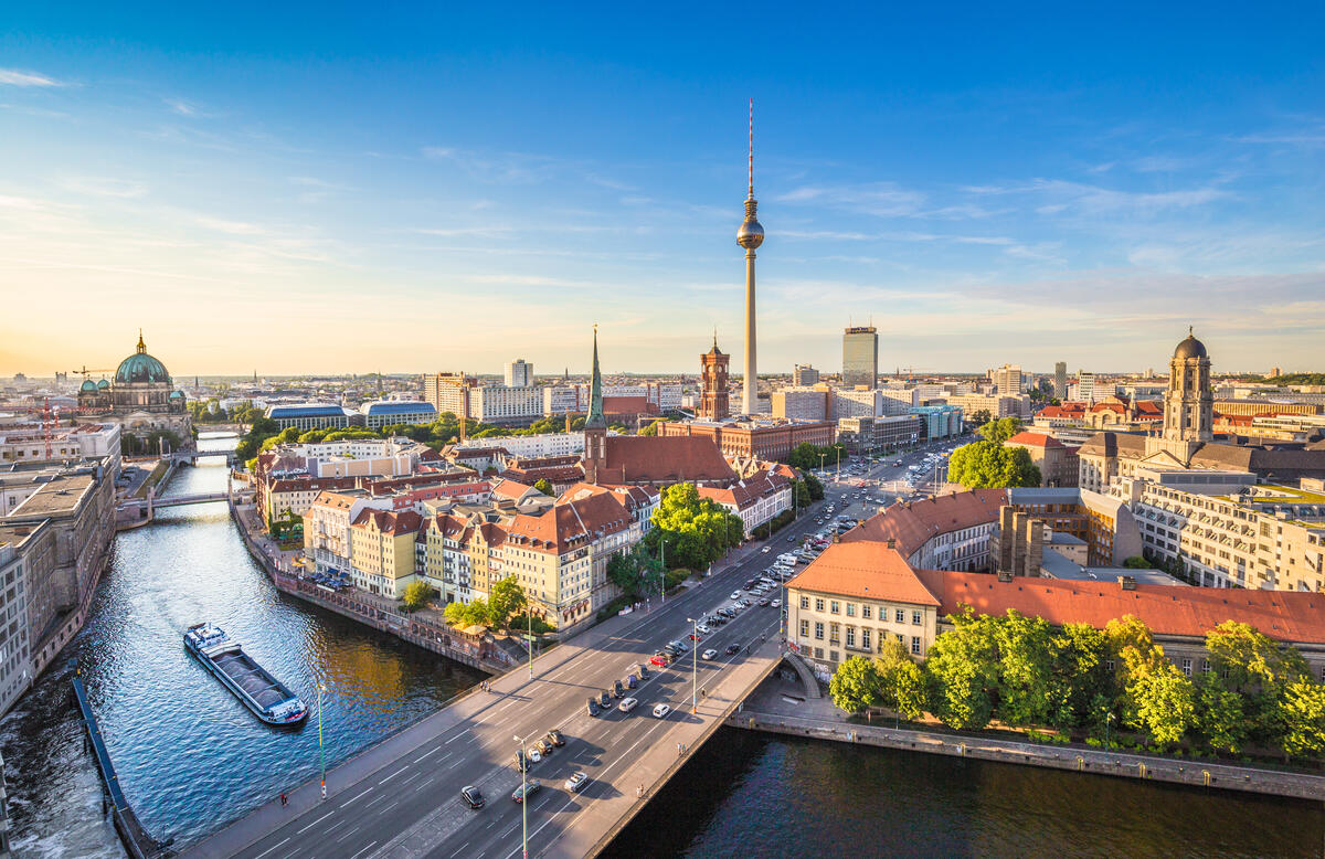 Warm evening colours over the Spree, with the Nikolaiviertel, TV Tower and Berlin Cathedral.