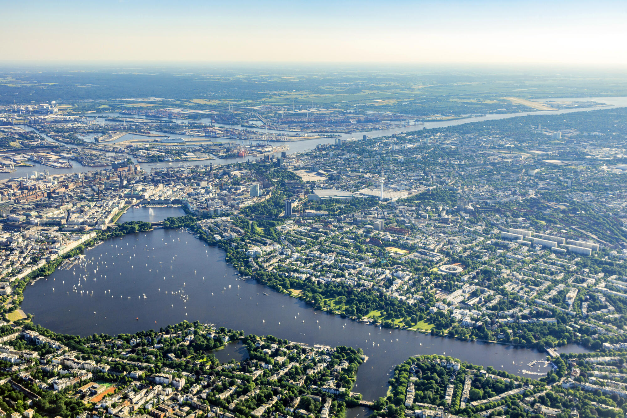 Aerial view of the Außenalster and Hamburg.