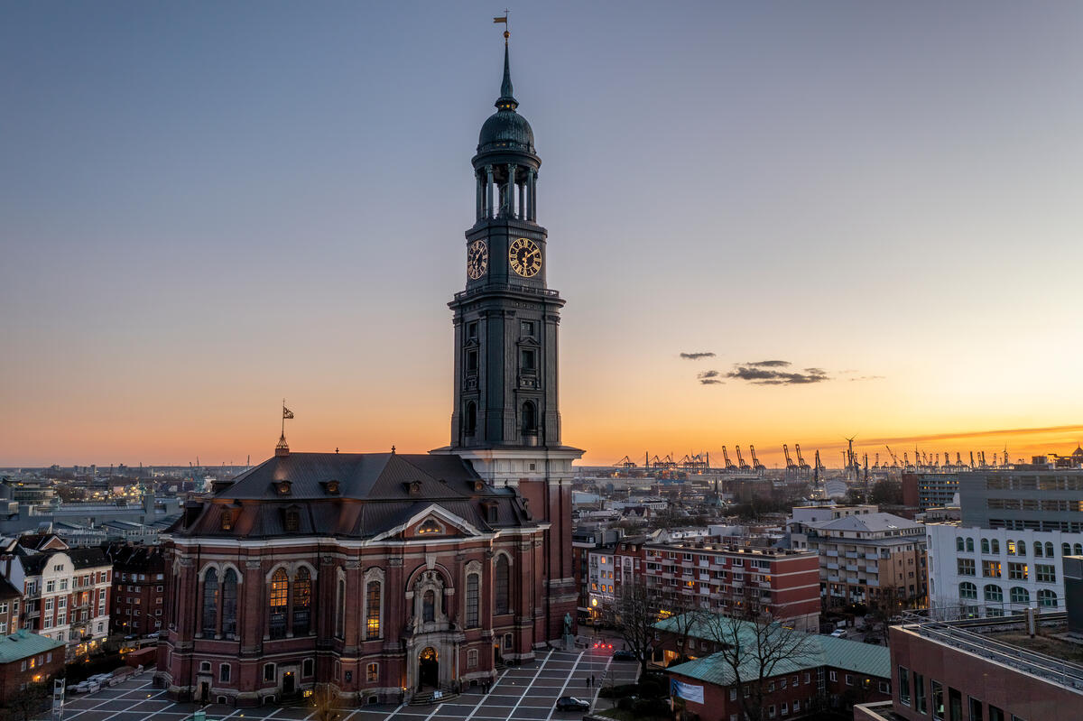 St Michael’s Church above Hamburg’s rooftops.