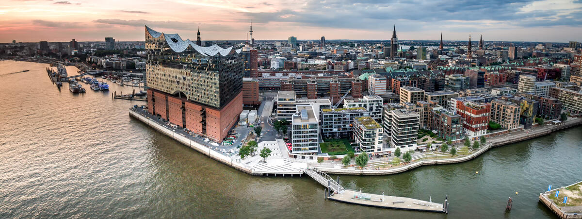 Aerial view of HafenCity and the Elbphilharmonie.