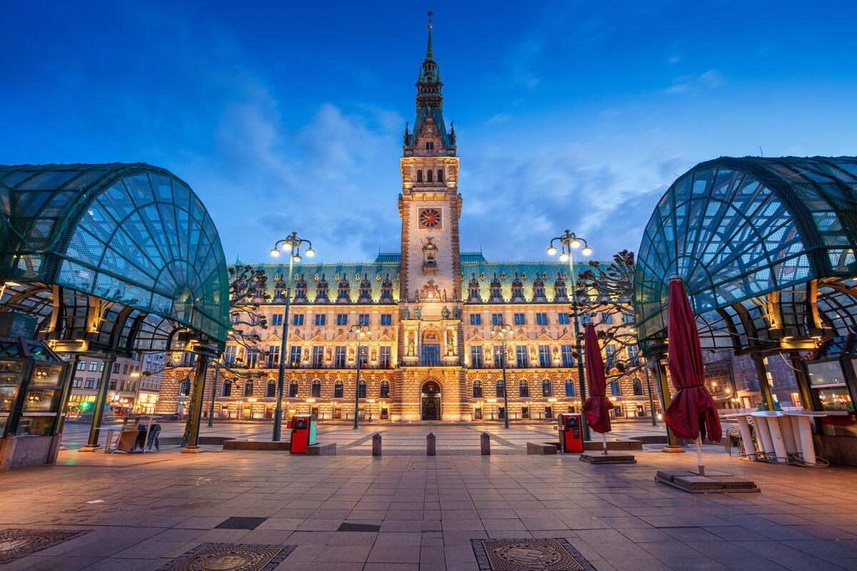 Hamburg Town Hall during the blue hour.