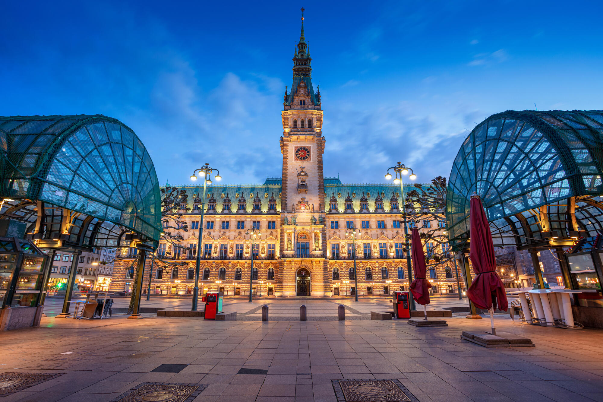 Hamburg Town Hall during the blue hour.