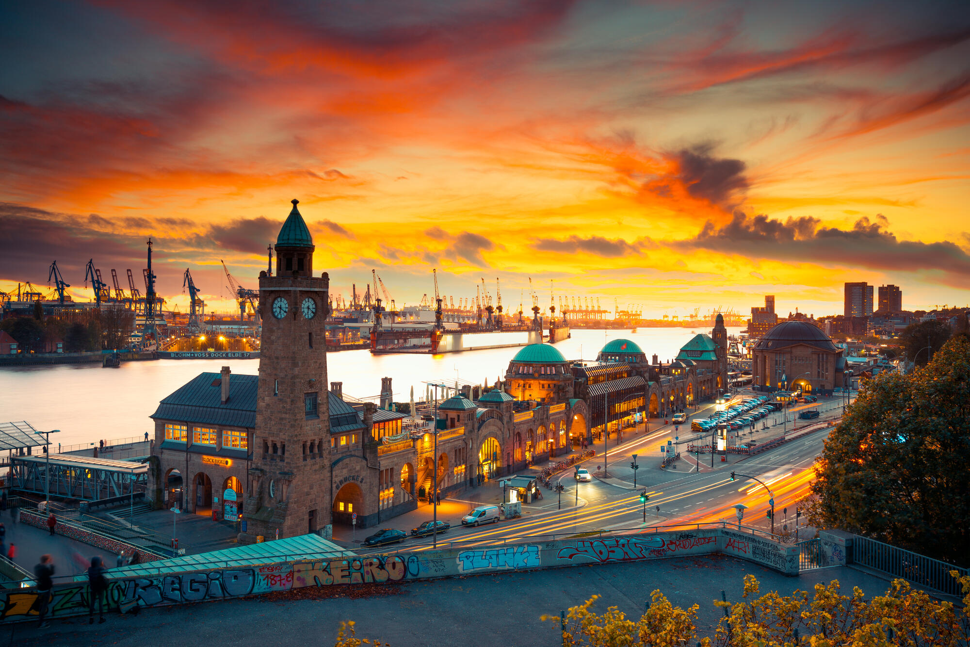 Landungsbrücken beneath a vivid evening sky.