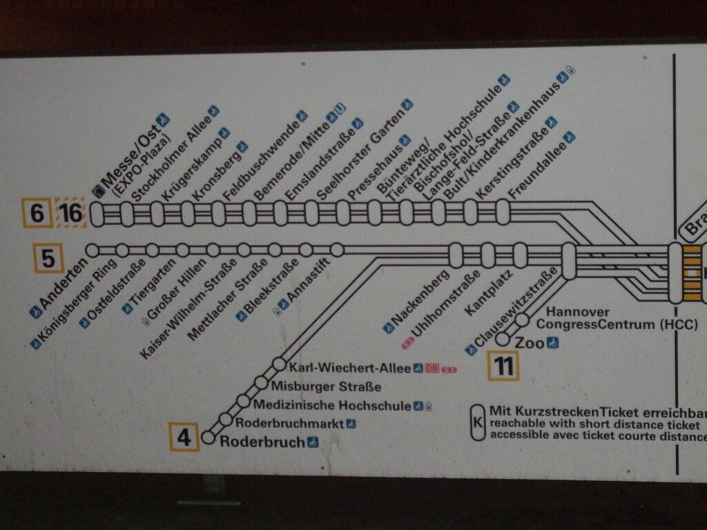 Hanover light rail network map showing lines 4, 5, 6, 11 and 16