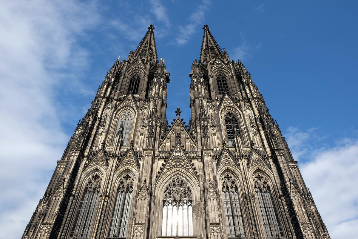 A close view of Cologne Cathedral’s western façade.