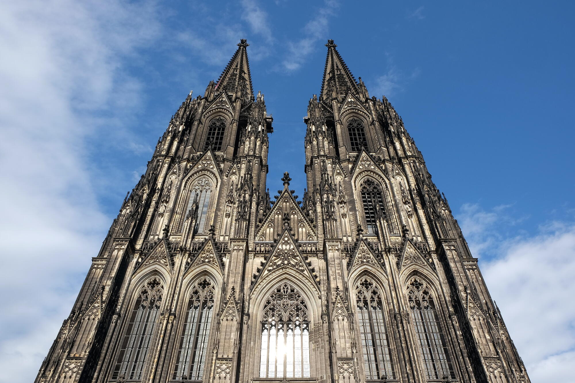 A close view of Cologne Cathedral’s western façade.