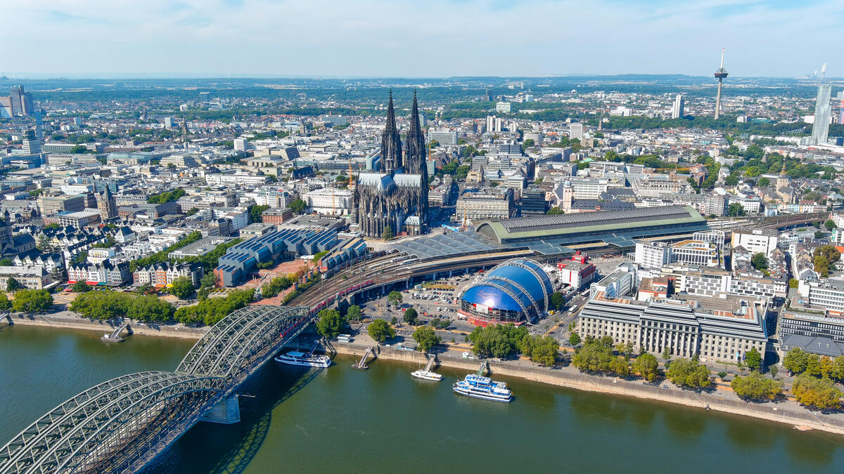 Cologne Cathedral, Central Station and Hohenzollern Bridge from above.