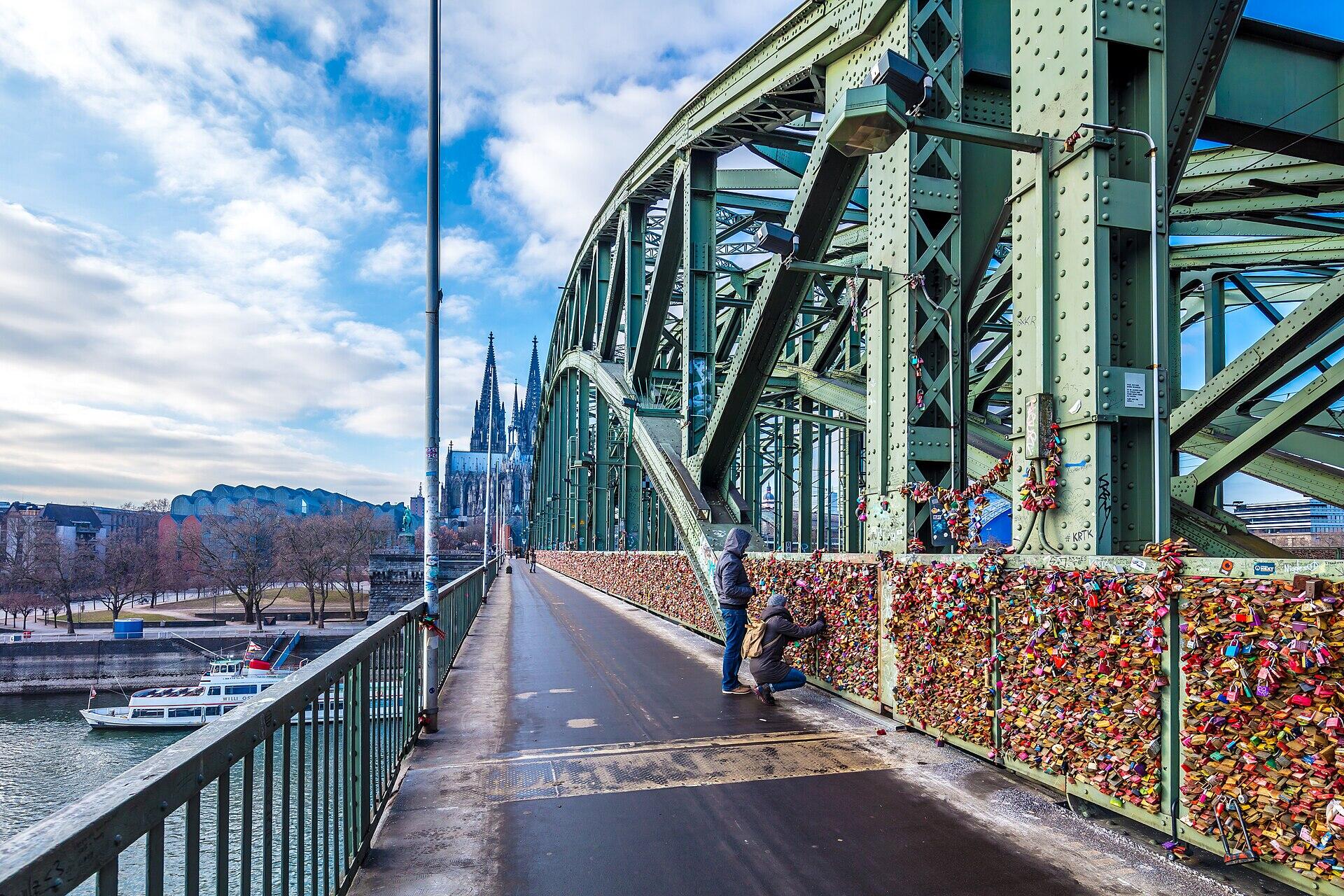 The walkway and love locks on Hohenzollern Bridge, with Cologne Cathedral beyond.