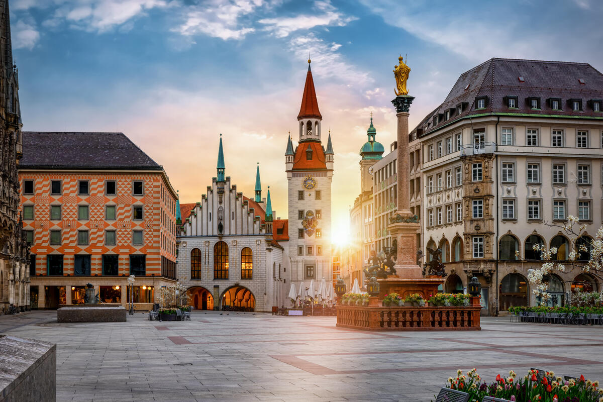 The Old Town Hall and Marian column in morning light.