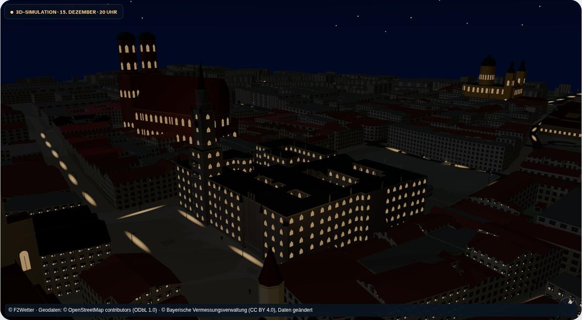 Munich Town Hall and Frauenkirche in the 3D simulation on 15 December 2026 at 20:00.