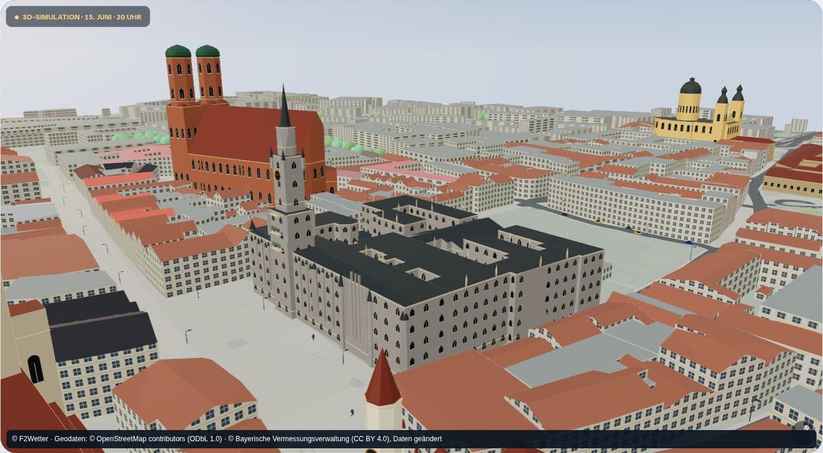 Munich Town Hall and Frauenkirche in the 3D simulation on 15 June 2026 at 20:00.
