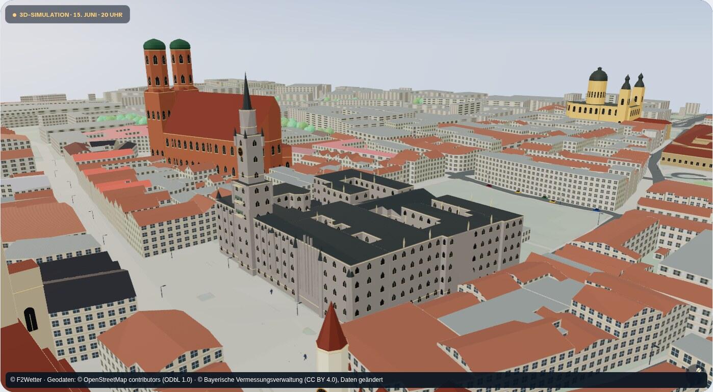 Munich Town Hall and Frauenkirche in the 3D simulation on 15 June 2026 at 20:00.
