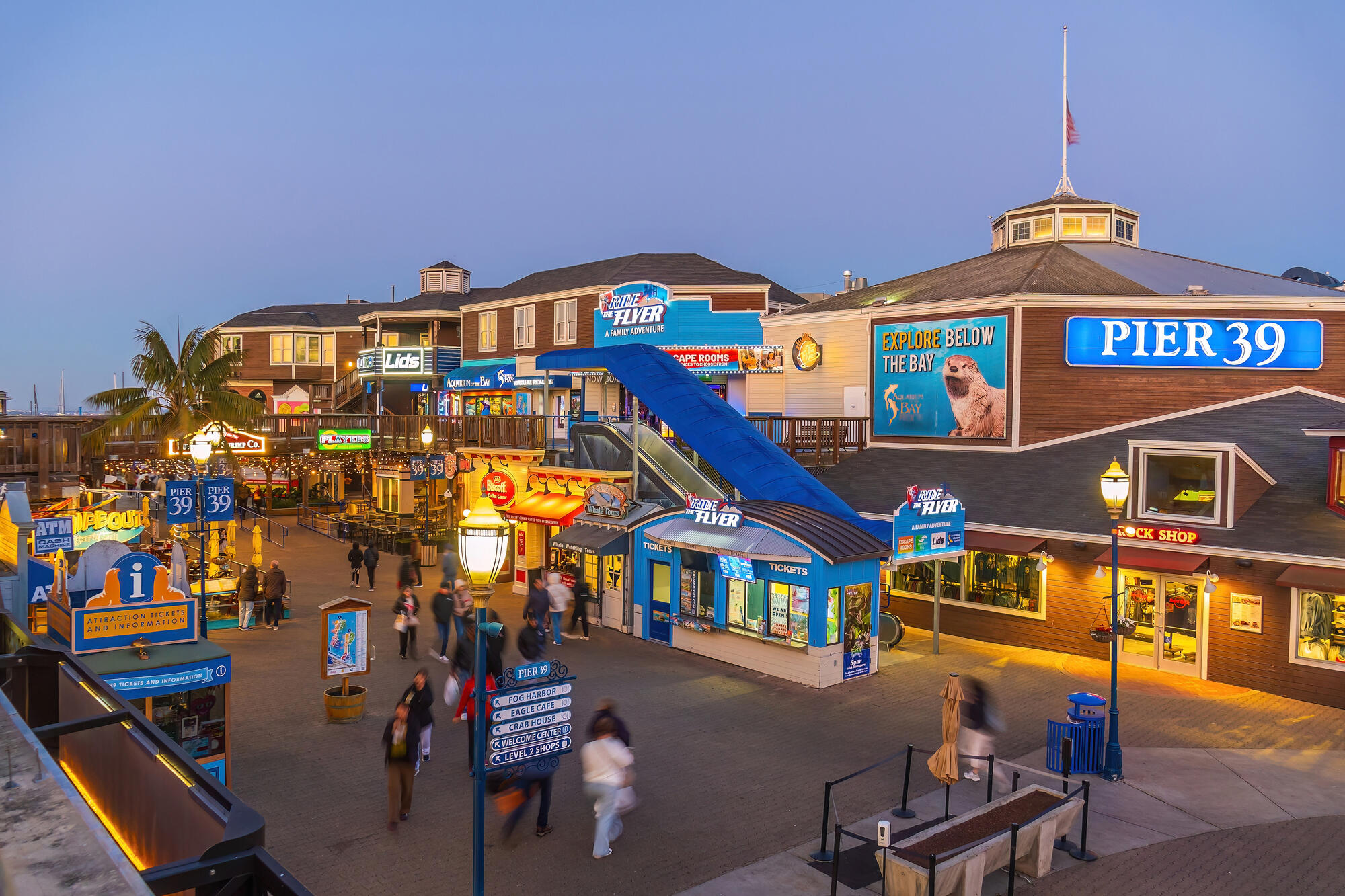 Illuminated signs and shopfronts line the wooden walkway between Pier 39's buildings at dusk.