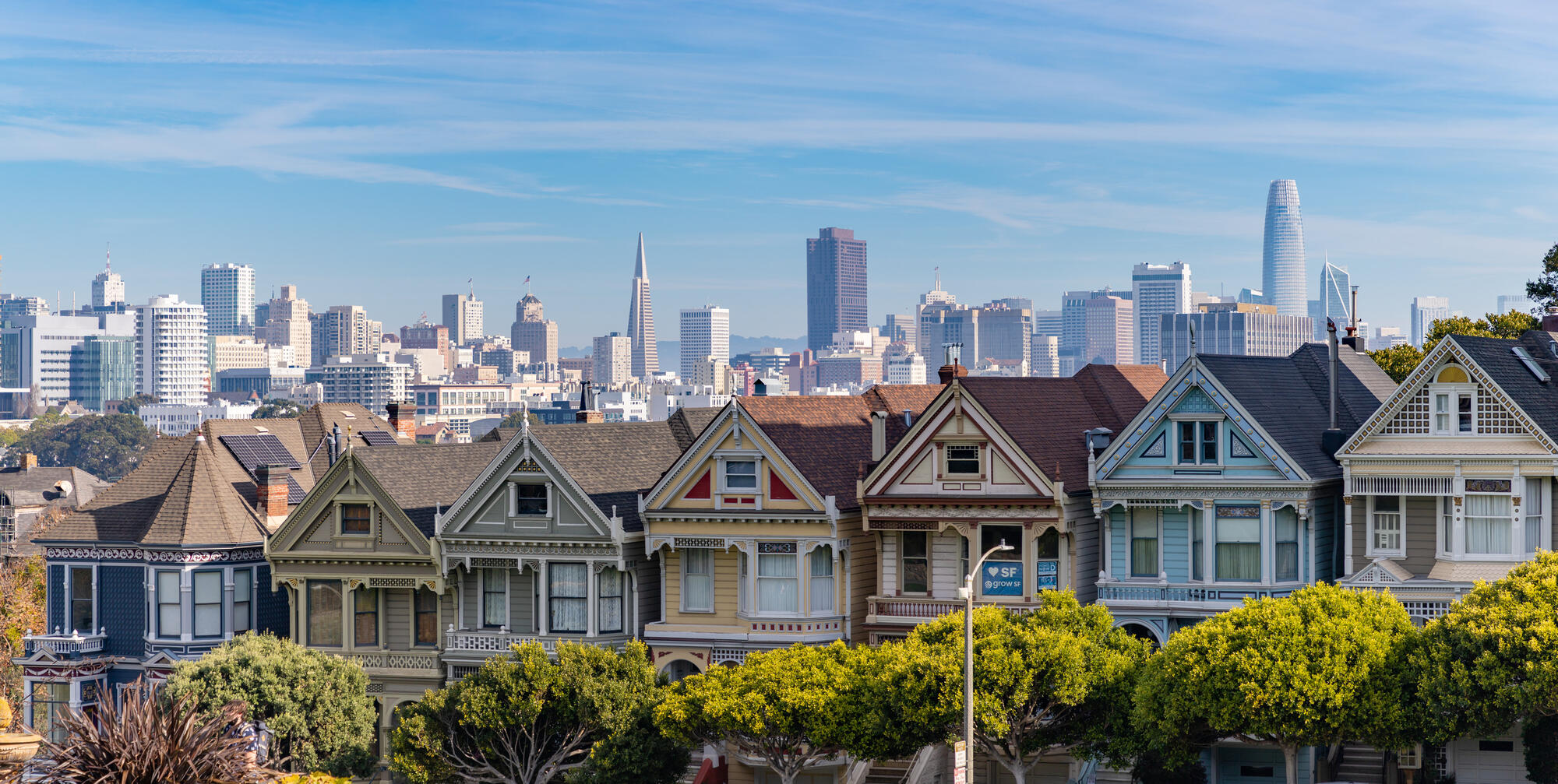 A row of colourful Victorian houses with bay windows and gables stands in front of downtown's high-rises.