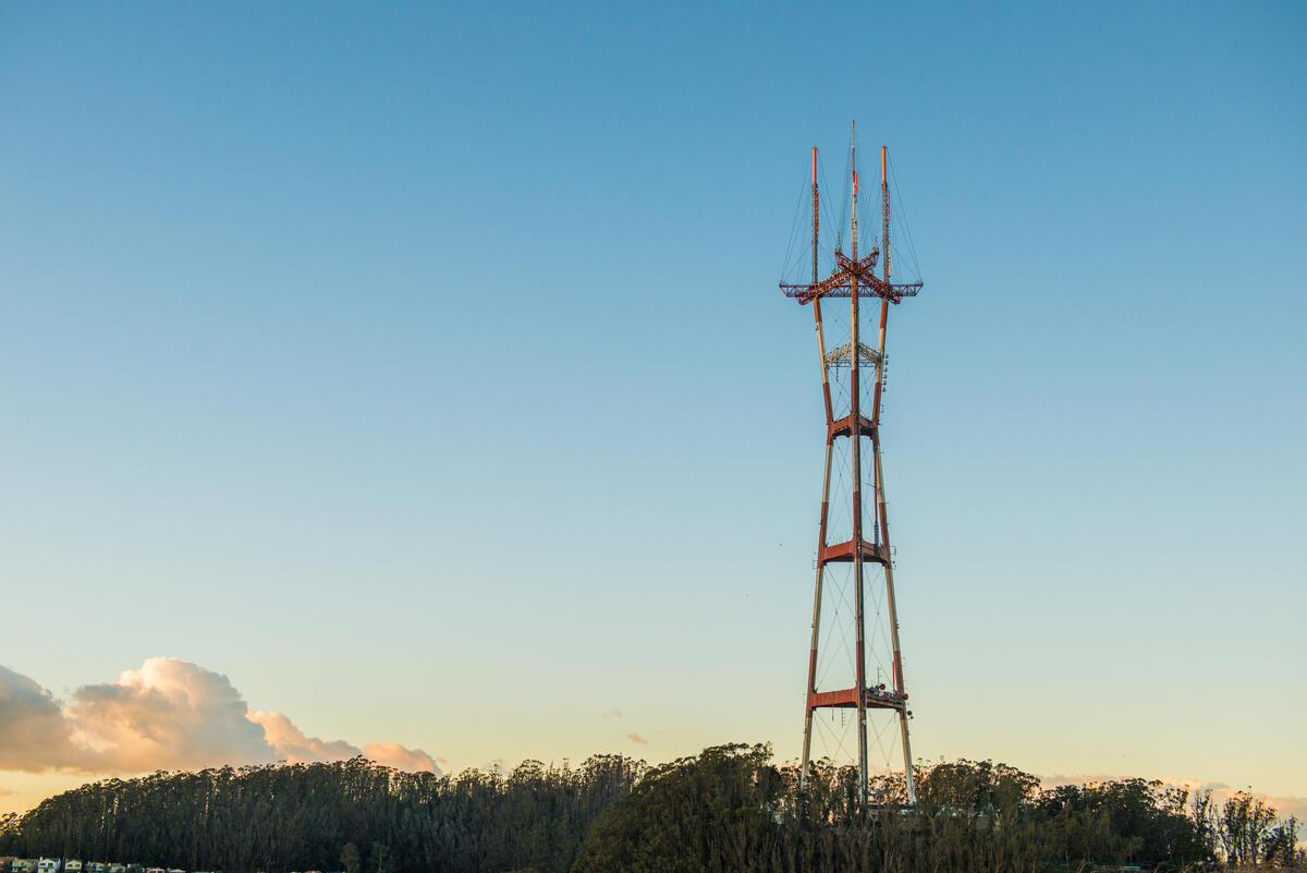 Sutro Tower's red and white steel structure rises above a dark line of trees into a pale sky.
