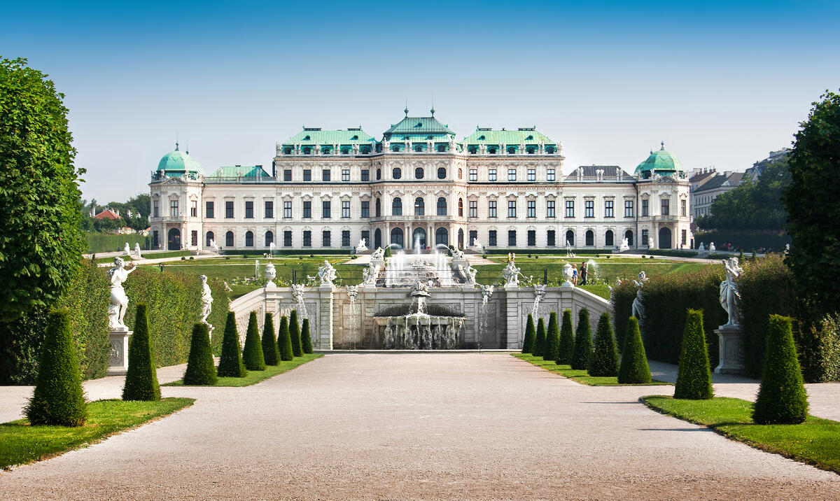 Upper Belvedere in Vienna above terraced gardens with fountains and clipped hedges.